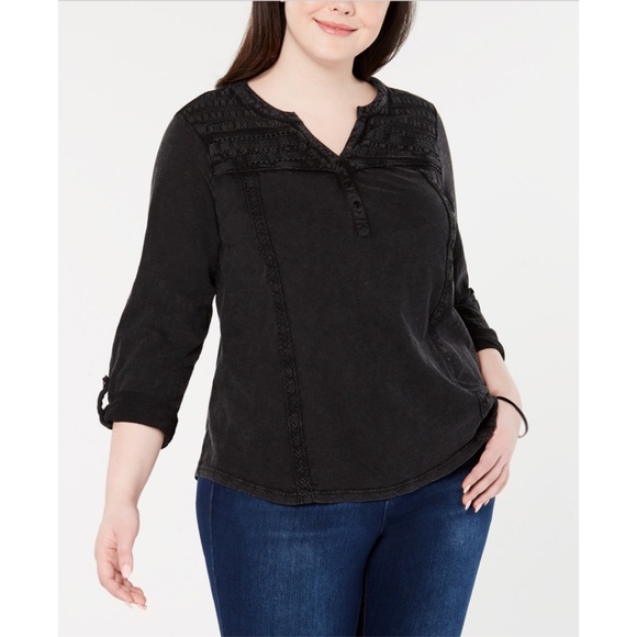 Style & Co. Tops - Style & Co Vintage Black Crochet Trim Top Plus 2X